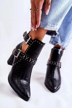 Damskie Botki Na Słupku Z Dżetami Czarne Kelin