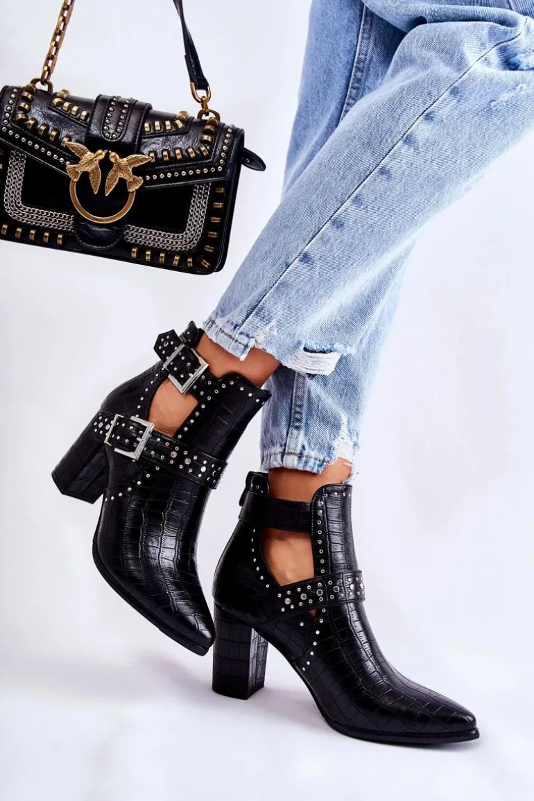 Damskie Botki Na Słupku Z Dżetami Czarne Kelin