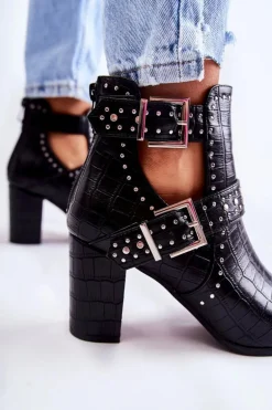Damskie Botki Na Słupku Z Dżetami Czarne Kelin