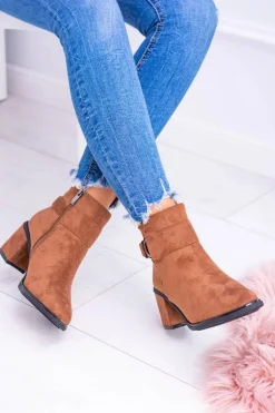 Damskie Botki Na Słupku Z Klamrą Zamsz Camel Evoret