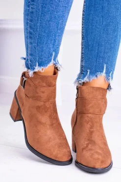 Damskie Botki Na Słupku Z Klamrą Zamsz Camel Evoret