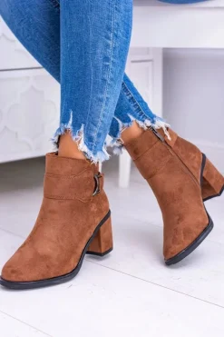 Damskie Botki Na Słupku Z Klamrą Zamsz Camel Evoret