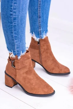 Damskie Botki Na Słupku Z Klamrą Zamsz Camel Evoret