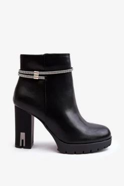 Damskie Botki Na Słupku Z Ozdobą Czarne Carolla