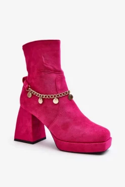 Damskie Botki Na Słupku Z Łańcuszkiem Fuksja Tiselo