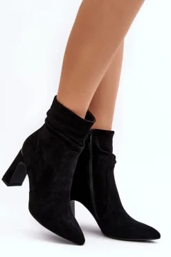 Damskie Botki Na Słupku Z Marszczoną Cholewką Czarne Phaga