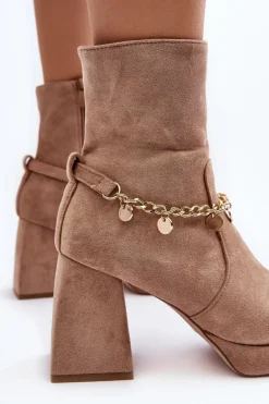 Damskie Botki Na Słupku Z Łańcuszkiem Beżowe Tiselo