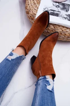 Damskie Botki Na Słupku Zamszowe Camel Niki