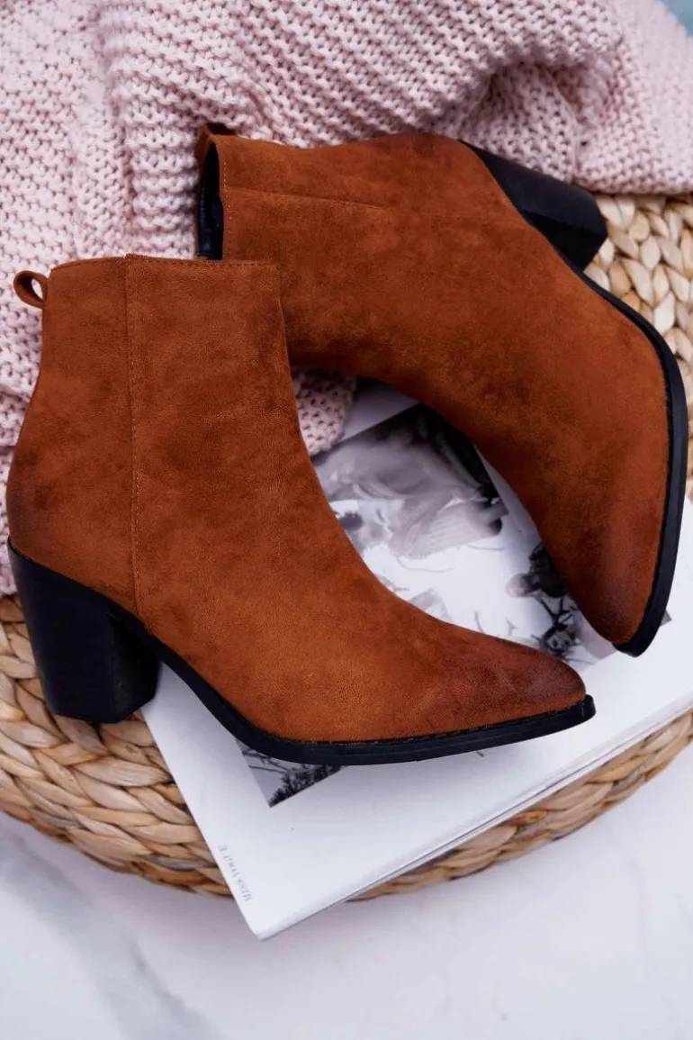 Damskie Botki Na Słupku Zamszowe Camel Niki