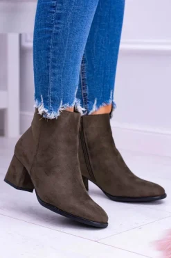 Damskie Botki Na Słupku Zamsz Khaki Ferimate