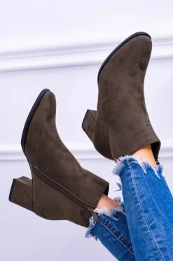 Damskie Botki Na Słupku Zamsz Khaki Ferimate