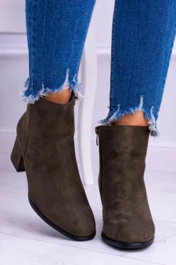 Damskie Botki Na Słupku Zamsz Khaki Ferimate