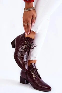 Damskie Botki Na Suwak Wzór Krokodyl Bordowe Farrah