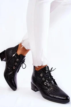 Damskie Botki Na Suwak Wzór Krokodyl Czarne Farrah