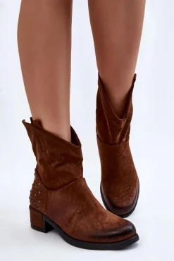 Damskie Botki Na Suwak Z Ćwiekami Brązowe Lance