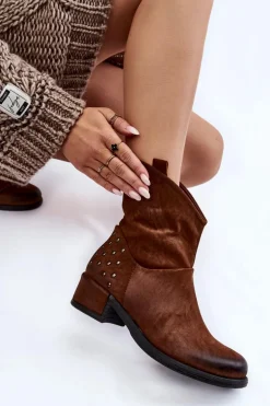 Damskie Botki Na Suwak Z Ćwiekami Brązowe Lance