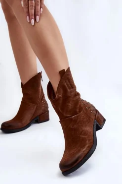 Damskie Botki Na Suwak Z Ćwiekami Brązowe Lance