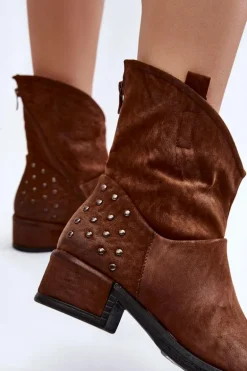 Damskie Botki Na Suwak Z Ćwiekami Brązowe Lance