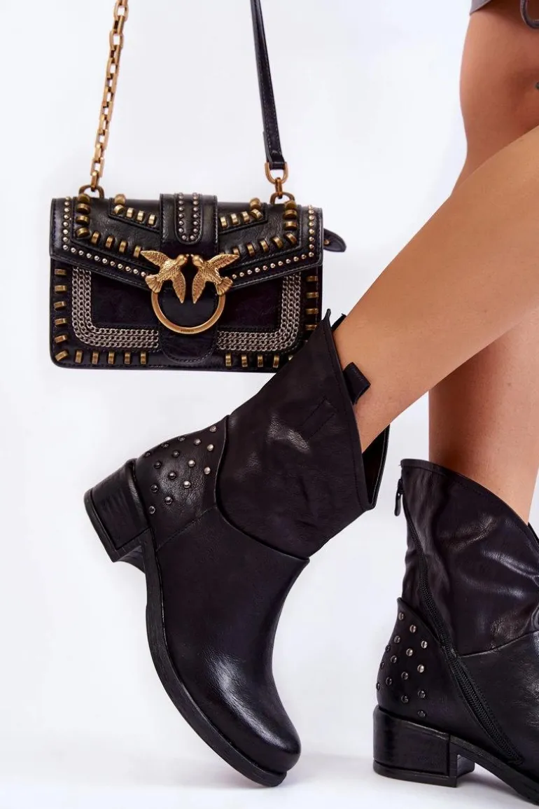 Damskie Botki Na Suwak Z Ćwiekami Czarne Lance