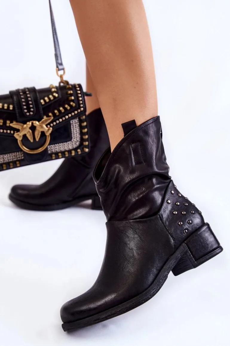 Damskie Botki Na Suwak Z Ćwiekami Czarne Lance