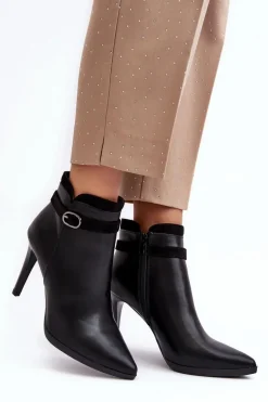 Damskie Botki Na Szpilce Z Klamrą Ocieplane Czarne Aesha