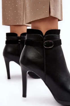 Damskie Botki Na Szpilce Z Klamrą Ocieplane Czarne Aesha