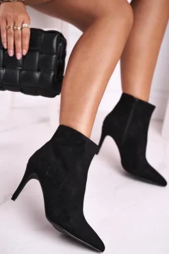 Damskie Botki Na Szpilce Zamszowe Czarne Beneco
