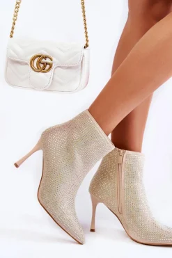 Damskie Botki Na Szpilce Z Dżetami Beżowe Irma