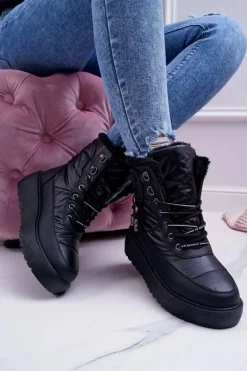 Damskie Botki Śniegowce Ocieplane Futerkiem Czarne Fahrenheit