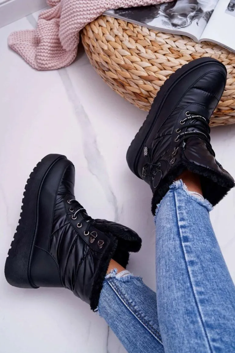 Damskie Botki Śniegowce Ocieplane Futerkiem Czarne Fahrenheit