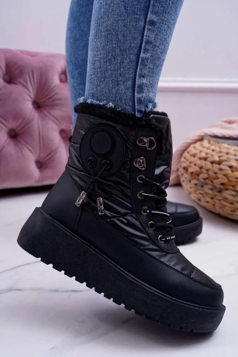 Damskie Botki Śniegowce Ocieplane Futerkiem Czarne Fahrenheit