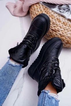 Damskie Botki Śniegowce Ocieplane Futerkiem Czarne Fahrenheit