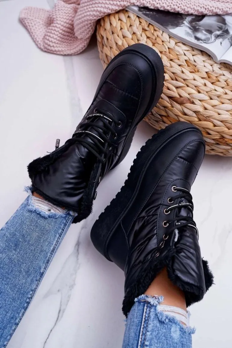 Damskie Botki Śniegowce Ocieplane Futerkiem Czarne Fahrenheit