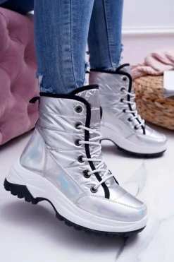 Damskie Botki Śniegowce Ocieplane Futerkiem Srebrne Muffin