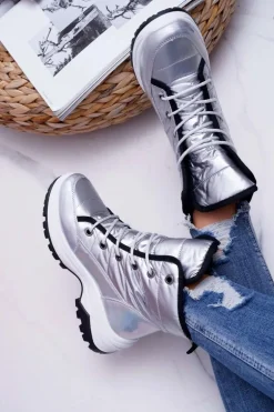 Damskie Botki Śniegowce Ocieplane Futerkiem Srebrne Muffin