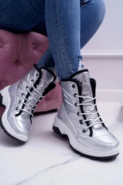 Damskie Botki Śniegowce Ocieplane Futerkiem Srebrne Muffin