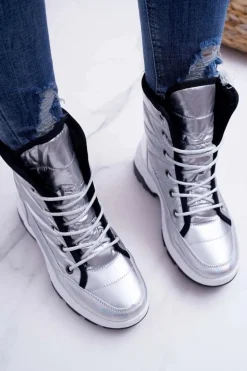 Damskie Botki Śniegowce Ocieplane Futerkiem Srebrne Muffin