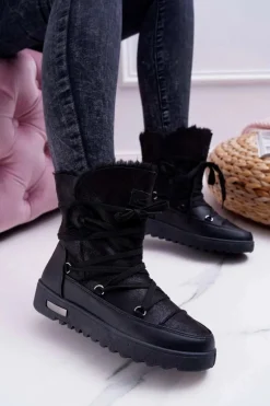 Damskie Botki Śniegowce Ocieplane Futerkiem Czarne Fereni