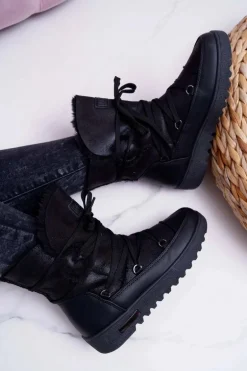 Damskie Botki Śniegowce Ocieplane Futerkiem Czarne Fereni