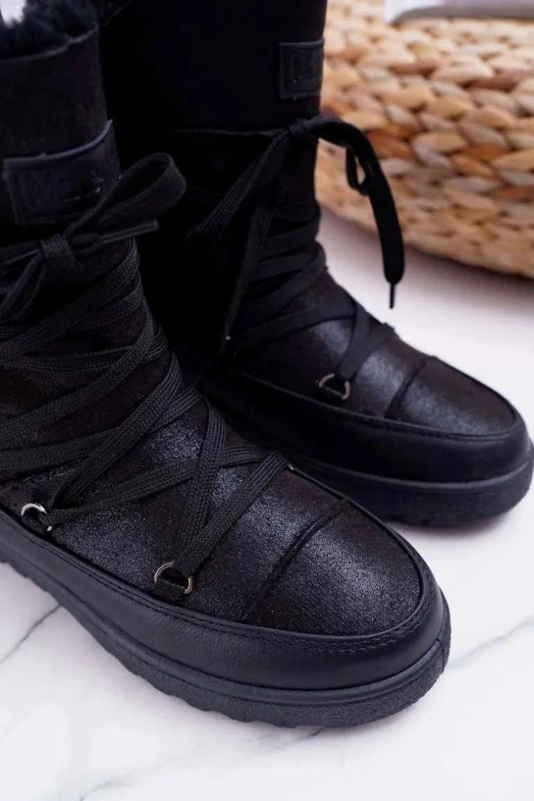 Damskie Botki Śniegowce Ocieplane Futerkiem Czarne Fereni