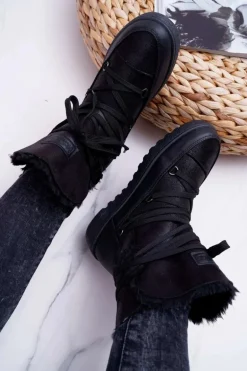Damskie Botki Śniegowce Ocieplane Futerkiem Czarne Fereni