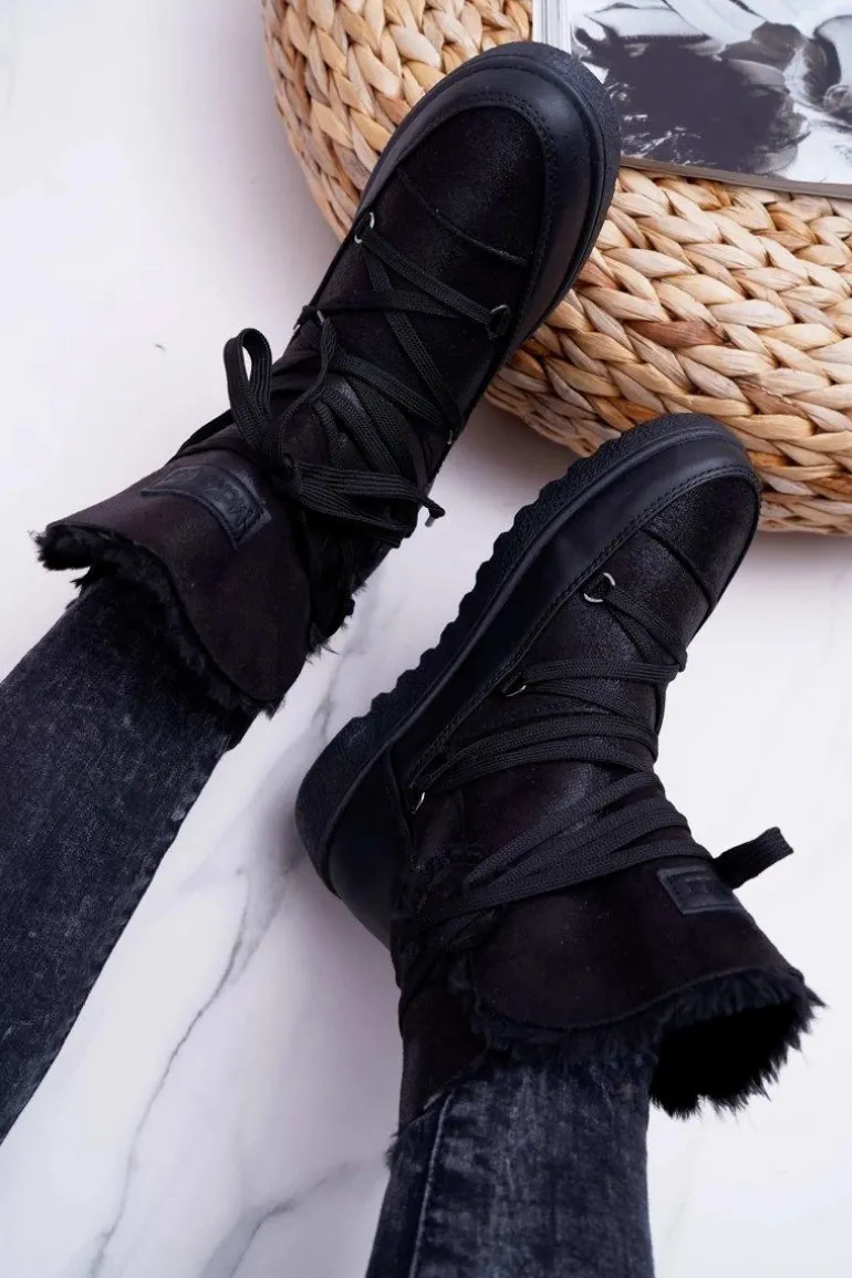 Damskie Botki Śniegowce Ocieplane Futerkiem Czarne Fereni