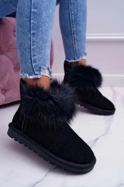 Damskie Botki Śniegowce Ocieplane Futerkiem Skóra Zamsz Czarne Memento