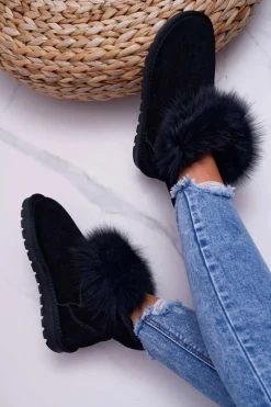 Damskie Botki Śniegowce Ocieplane Futerkiem Skóra Zamsz Czarne Memento