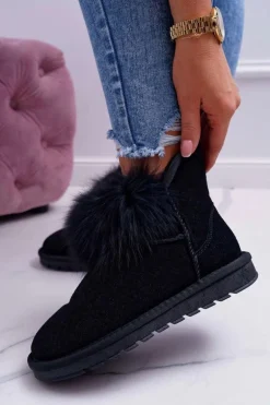 Damskie Botki Śniegowce Ocieplane Futerkiem Skóra Zamsz Czarne Memento