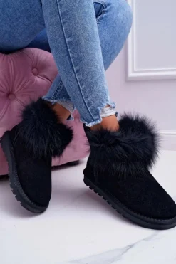 Damskie Botki Śniegowce Ocieplane Futerkiem Skóra Zamsz Czarne Memento