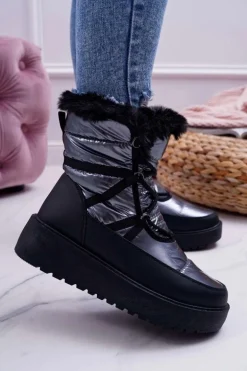 Damskie Botki Śniegowce Ocieplane Futerkiem Srebrne Calma