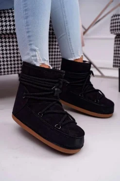Damskie Botki Śniegowce Ocieplane Futerkiem Czarne Veme