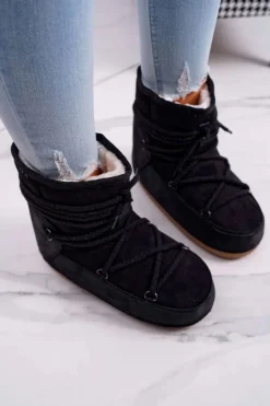 Damskie Botki Śniegowce Ocieplane Futerkiem Czarne Veme