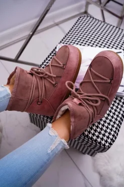 Damskie Botki Śniegowce Ocieplane Futerkiem Różowe Veme